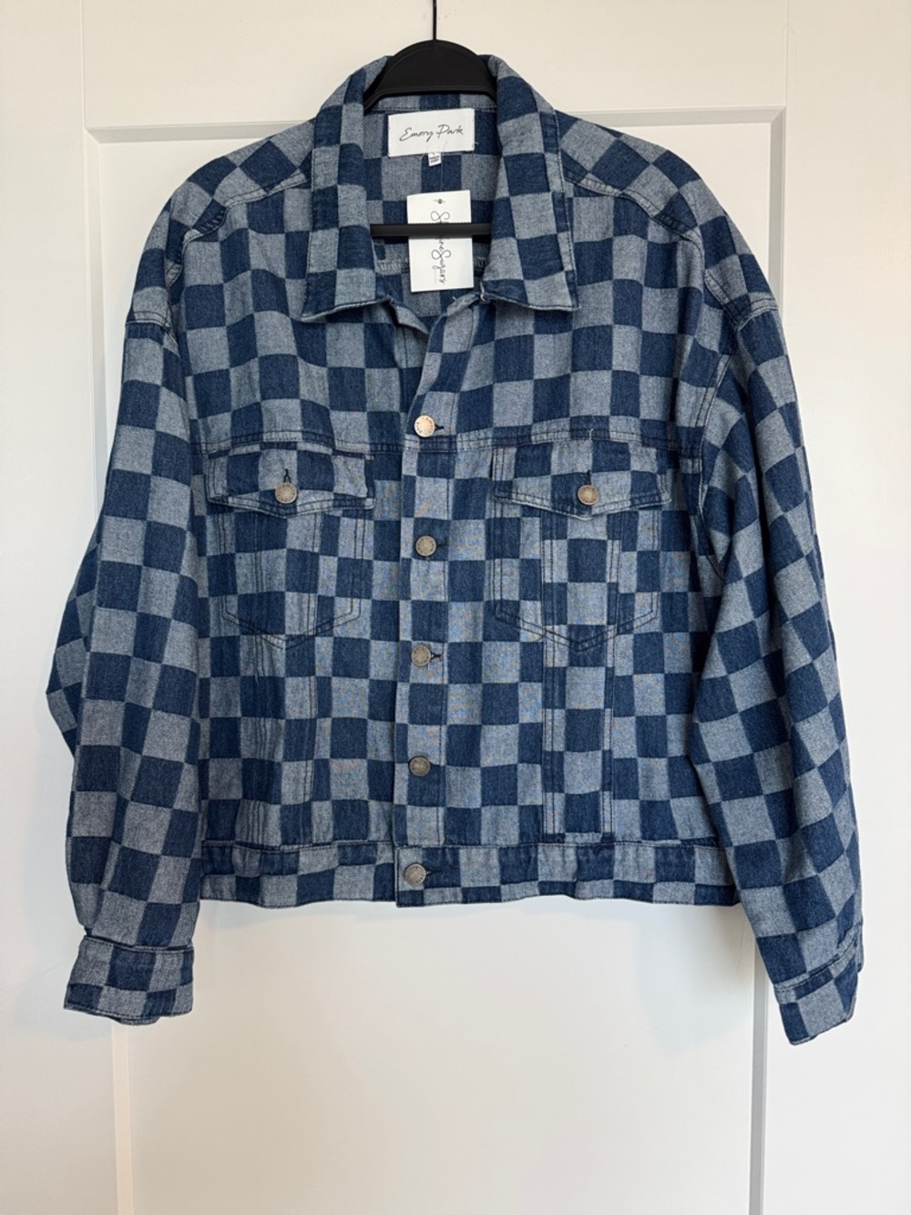 Emory Park Checkered Boutique Trucker Jean Jacket - L - NWT